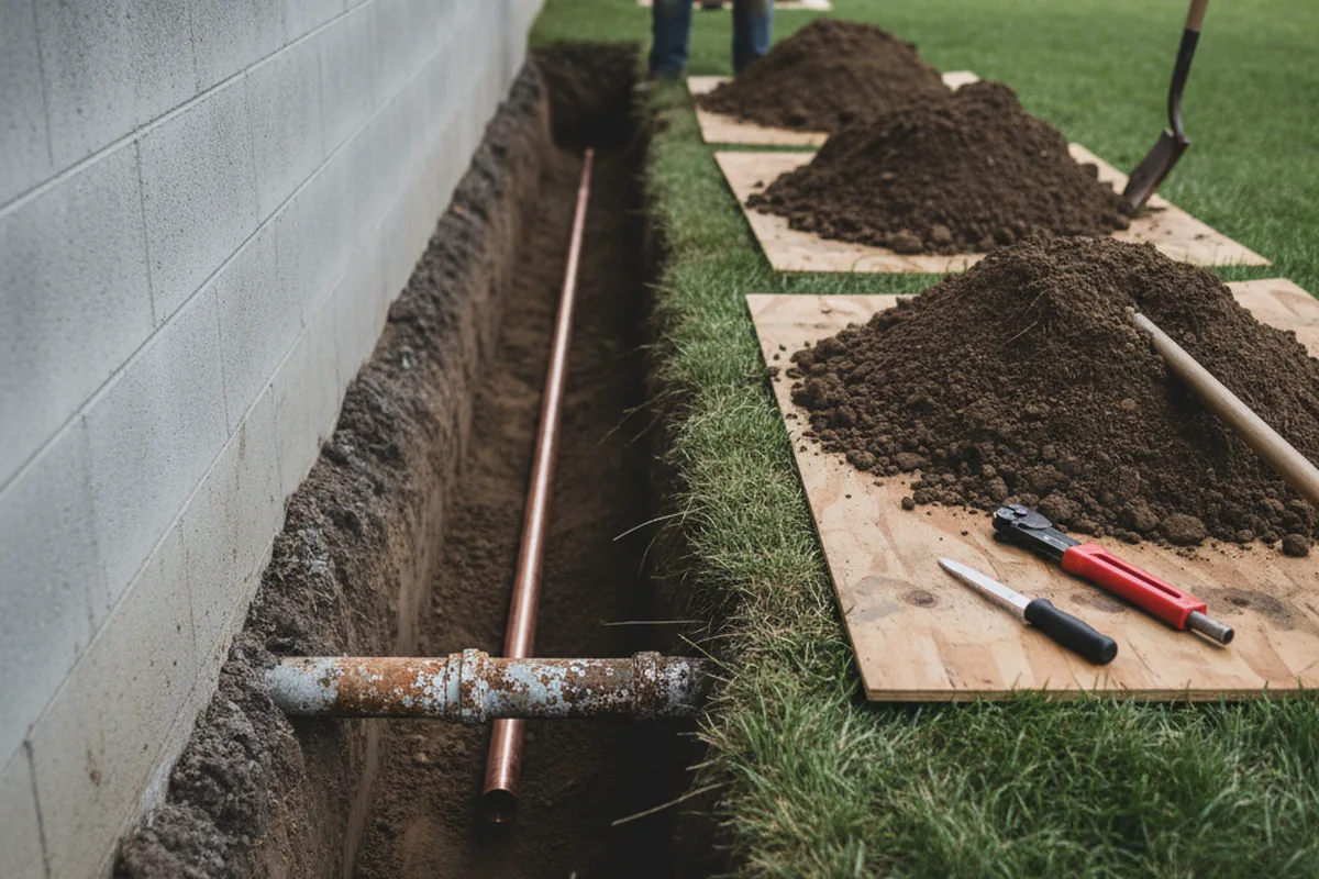 Excavated water line trench during Water Softener Installation in Randle